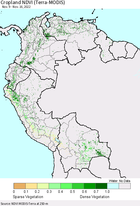 Northern South America Cropland NDVI (Terra-MODIS) Thematic Map For 11/9/2022 - 11/16/2022