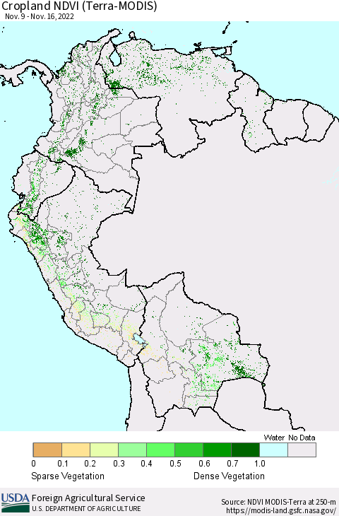 Northern South America Cropland NDVI (Terra-MODIS) Thematic Map For 11/11/2022 - 11/20/2022