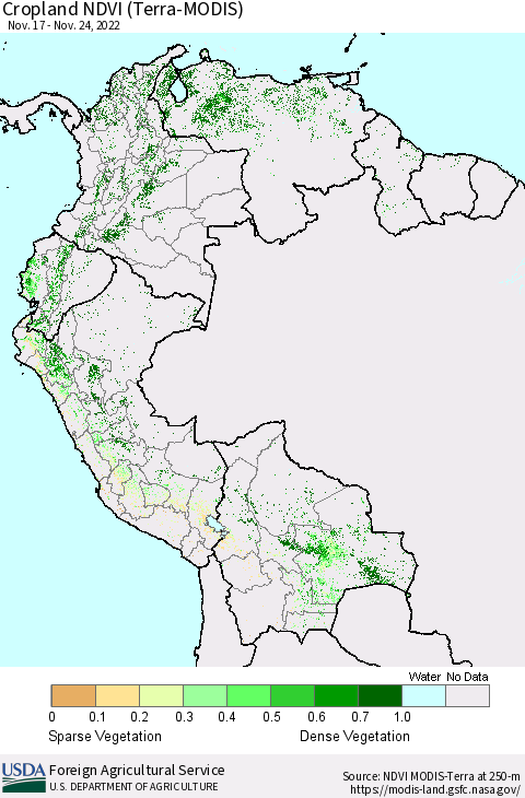 Northern South America Cropland NDVI (Terra-MODIS) Thematic Map For 11/21/2022 - 11/30/2022