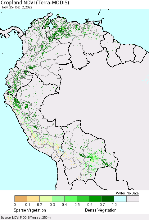 Northern South America Cropland NDVI (Terra-MODIS) Thematic Map For 11/25/2022 - 12/2/2022