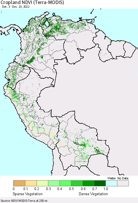 Northern South America Cropland NDVI (Terra-MODIS) Thematic Map For 12/1/2022 - 12/10/2022