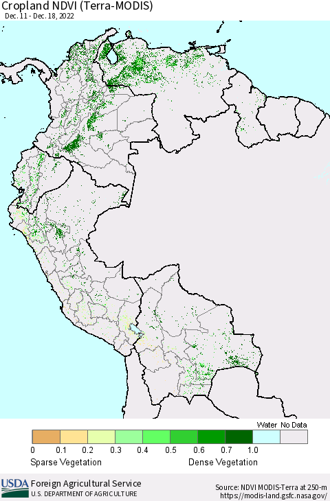 Northern South America Cropland NDVI (Terra-MODIS) Thematic Map For 12/11/2022 - 12/20/2022