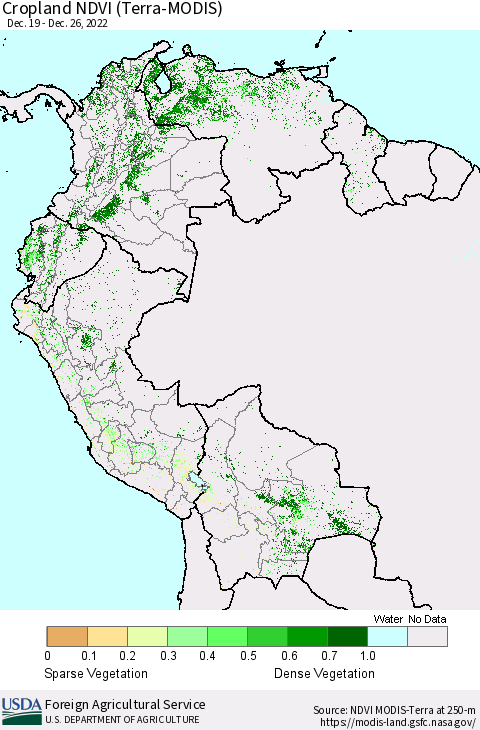Northern South America Cropland NDVI (Terra-MODIS) Thematic Map For 12/21/2022 - 12/31/2022