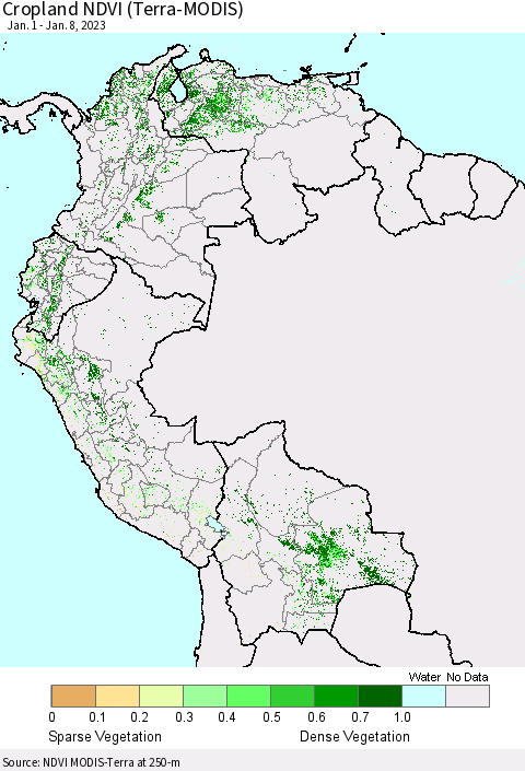 Northern South America Cropland NDVI (Terra-MODIS) Thematic Map For 1/1/2023 - 1/8/2023
