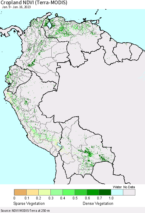 Northern South America Cropland NDVI (Terra-MODIS) Thematic Map For 1/9/2023 - 1/16/2023