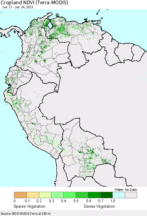 Northern South America Cropland NDVI (Terra-MODIS) Thematic Map For 1/17/2023 - 1/24/2023