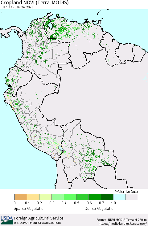 Northern South America Cropland NDVI (Terra-MODIS) Thematic Map For 1/21/2023 - 1/31/2023