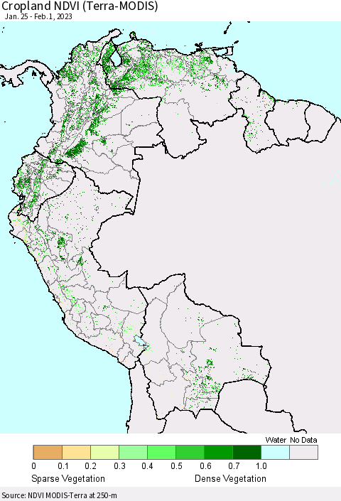 Northern South America Cropland NDVI (Terra-MODIS) Thematic Map For 1/25/2023 - 2/1/2023