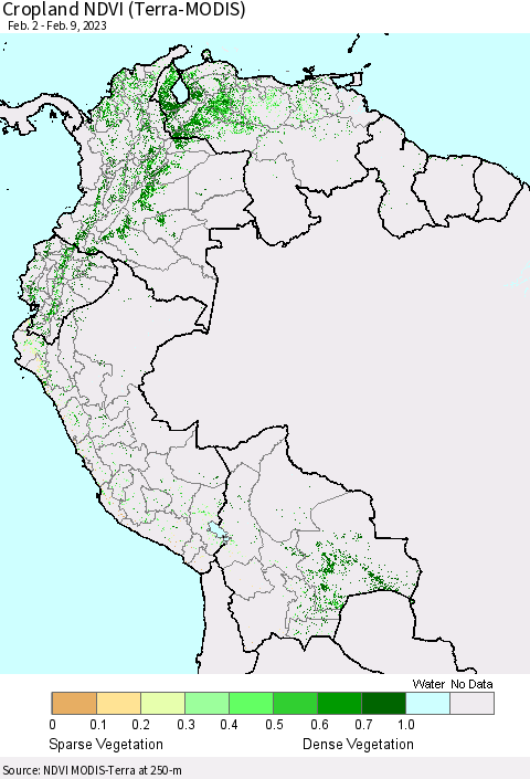 Northern South America Cropland NDVI (Terra-MODIS) Thematic Map For 2/2/2023 - 2/9/2023