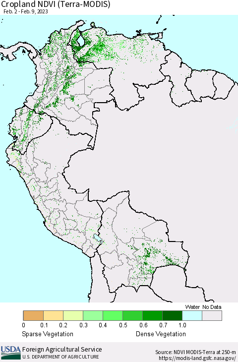 Northern South America Cropland NDVI (Terra-MODIS) Thematic Map For 2/1/2023 - 2/10/2023