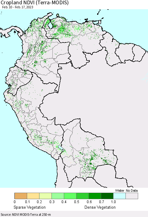Northern South America Cropland NDVI (Terra-MODIS) Thematic Map For 2/10/2023 - 2/17/2023