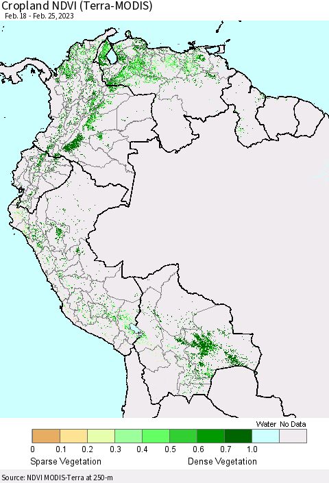 Northern South America Cropland NDVI (Terra-MODIS) Thematic Map For 2/18/2023 - 2/25/2023