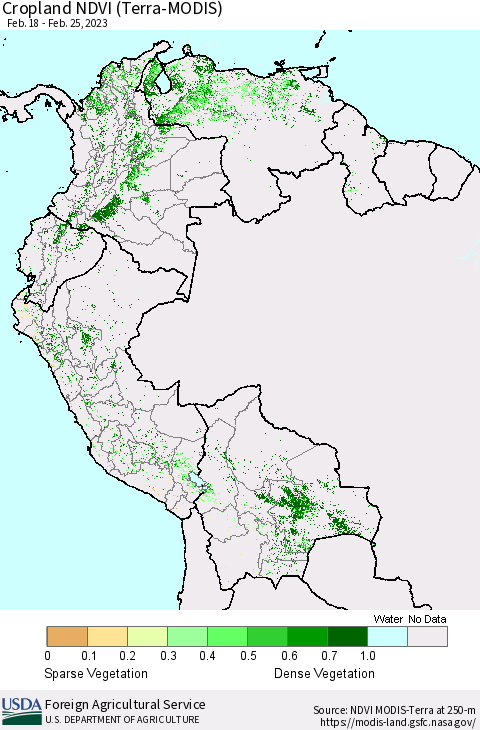 Northern South America Cropland NDVI (Terra-MODIS) Thematic Map For 2/21/2023 - 2/28/2023