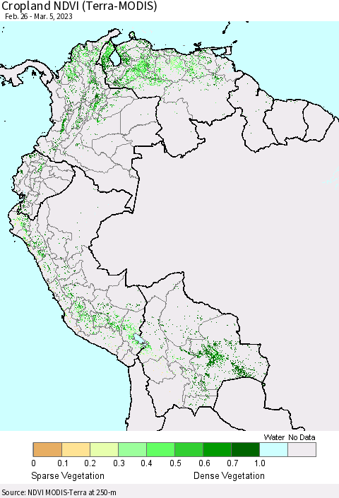 Northern South America Cropland NDVI (Terra-MODIS) Thematic Map For 2/26/2023 - 3/5/2023
