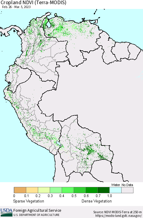 Northern South America Cropland NDVI (Terra-MODIS) Thematic Map For 3/1/2023 - 3/10/2023