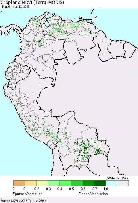 Northern South America Cropland NDVI (Terra-MODIS) Thematic Map For 3/6/2023 - 3/13/2023
