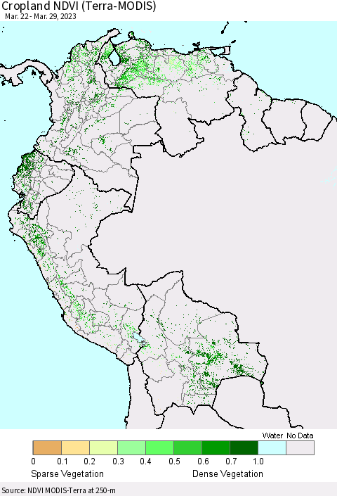 Northern South America Cropland NDVI (Terra-MODIS) Thematic Map For 3/22/2023 - 3/29/2023