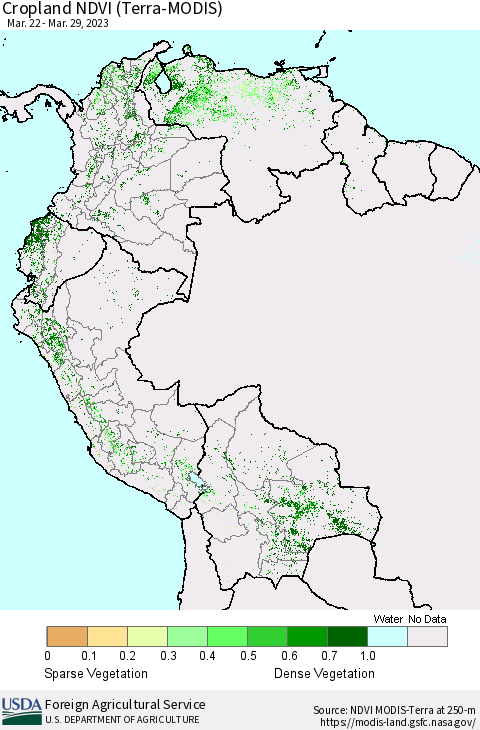 Northern South America Cropland NDVI (Terra-MODIS) Thematic Map For 3/21/2023 - 3/31/2023