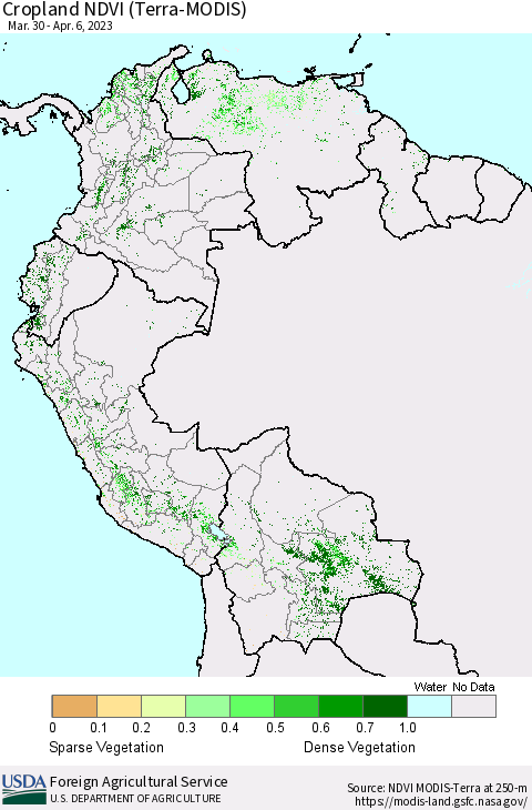 Northern South America Cropland NDVI (Terra-MODIS) Thematic Map For 4/1/2023 - 4/10/2023