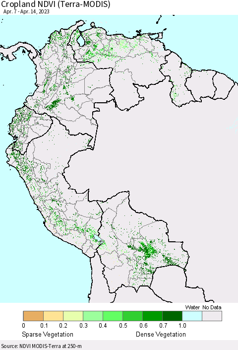 Northern South America Cropland NDVI (Terra-MODIS) Thematic Map For 4/7/2023 - 4/14/2023