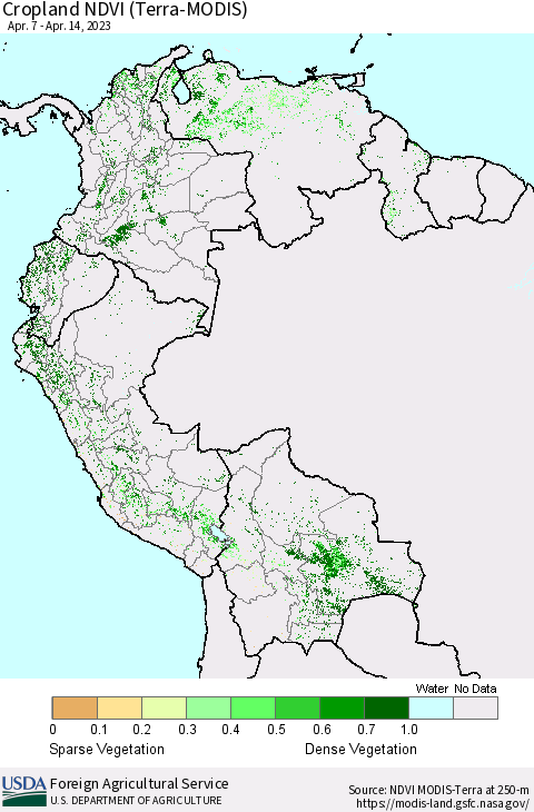 Northern South America Cropland NDVI (Terra-MODIS) Thematic Map For 4/11/2023 - 4/20/2023