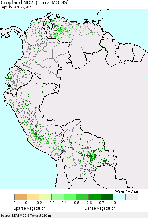Northern South America Cropland NDVI (Terra-MODIS) Thematic Map For 4/15/2023 - 4/22/2023