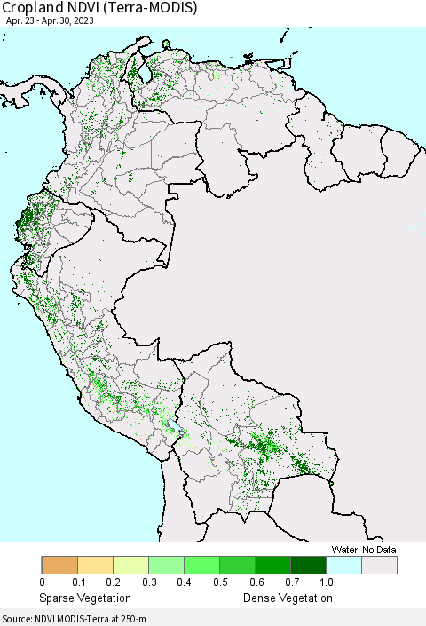 Northern South America Cropland NDVI (Terra-MODIS) Thematic Map For 4/21/2023 - 4/30/2023