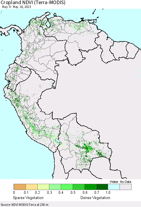 Northern South America Cropland NDVI (Terra-MODIS) Thematic Map For 5/9/2023 - 5/16/2023