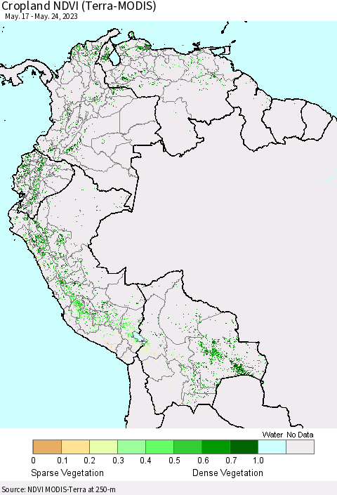 Northern South America Cropland NDVI (Terra-MODIS) Thematic Map For 5/17/2023 - 5/24/2023