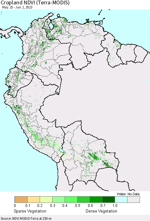 Northern South America Cropland NDVI (Terra-MODIS) Thematic Map For 5/25/2023 - 6/1/2023