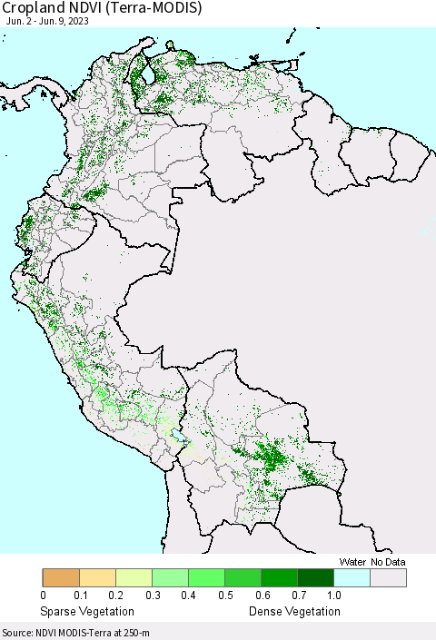 Northern South America Cropland NDVI (Terra-MODIS) Thematic Map For 6/2/2023 - 6/9/2023