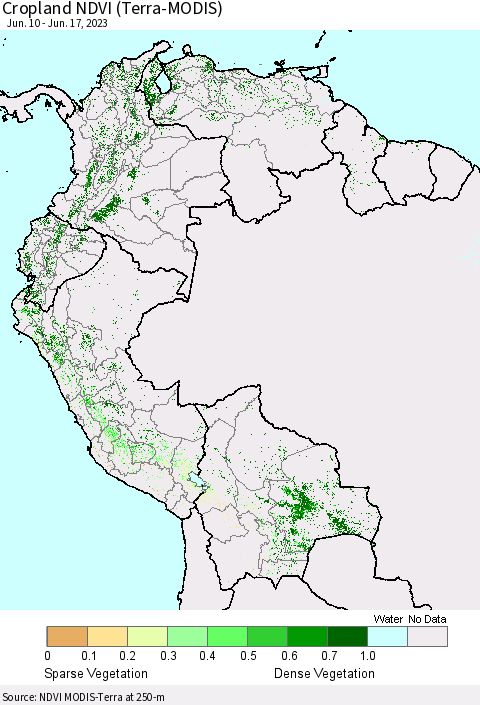 Northern South America Cropland NDVI (Terra-MODIS) Thematic Map For 6/10/2023 - 6/17/2023