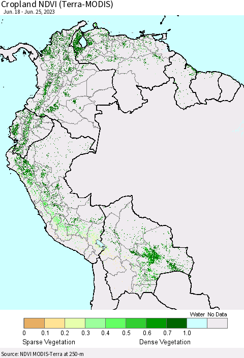 Northern South America Cropland NDVI (Terra-MODIS) Thematic Map For 6/18/2023 - 6/25/2023