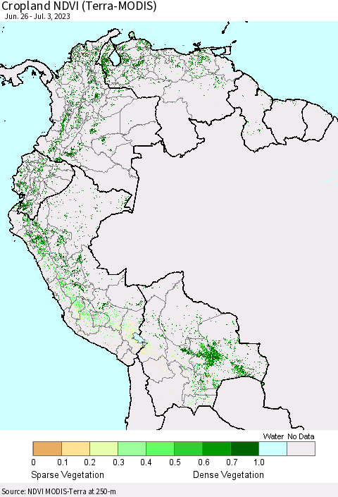 Northern South America Cropland NDVI (Terra-MODIS) Thematic Map For 6/26/2023 - 7/3/2023