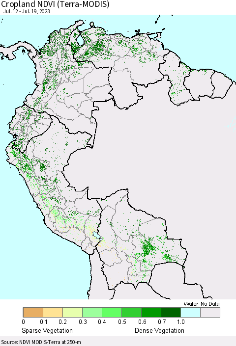 Northern South America Cropland NDVI (Terra-MODIS) Thematic Map For 7/12/2023 - 7/19/2023
