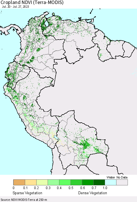 Northern South America Cropland NDVI (Terra-MODIS) Thematic Map For 7/20/2023 - 7/27/2023