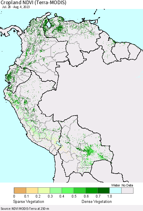 Northern South America Cropland NDVI (Terra-MODIS) Thematic Map For 7/28/2023 - 8/4/2023
