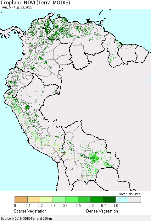 Northern South America Cropland NDVI (Terra-MODIS) Thematic Map For 8/5/2023 - 8/12/2023