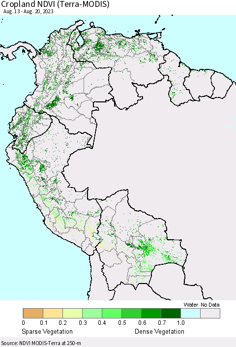 Northern South America Cropland NDVI (Terra-MODIS) Thematic Map For 8/13/2023 - 8/20/2023