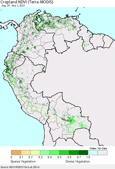 Northern South America Cropland NDVI (Terra-MODIS) Thematic Map For 8/29/2023 - 9/5/2023
