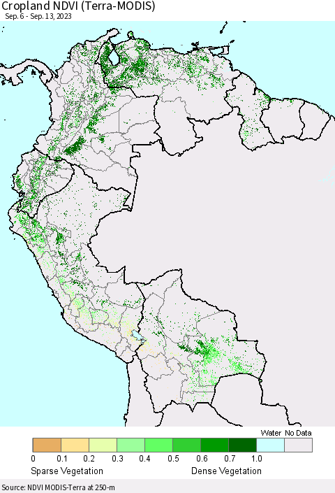 Northern South America Cropland NDVI (Terra-MODIS) Thematic Map For 9/6/2023 - 9/13/2023