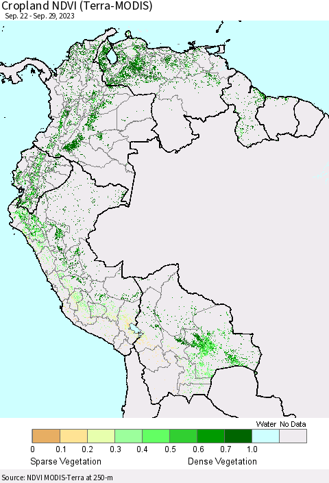 Northern South America Cropland NDVI (Terra-MODIS) Thematic Map For 9/22/2023 - 9/29/2023