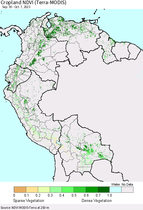 Northern South America Cropland NDVI (Terra-MODIS) Thematic Map For 9/30/2023 - 10/7/2023