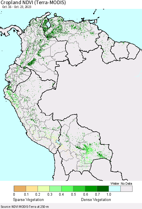 Northern South America Cropland NDVI (Terra-MODIS) Thematic Map For 10/16/2023 - 10/23/2023