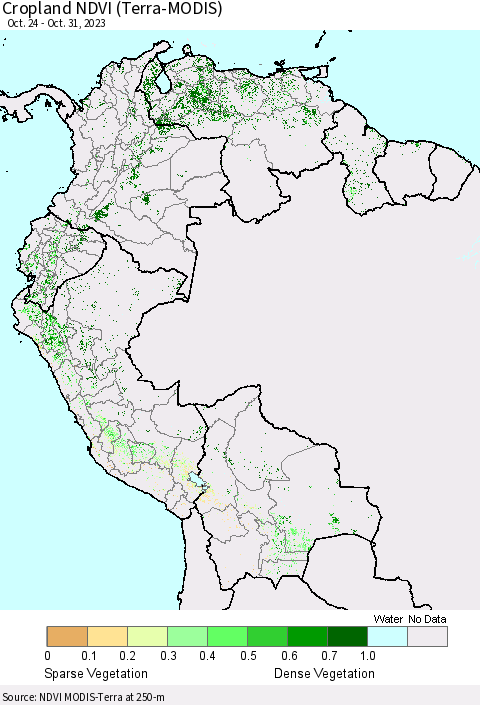 Northern South America Cropland NDVI (Terra-MODIS) Thematic Map For 10/24/2023 - 10/31/2023