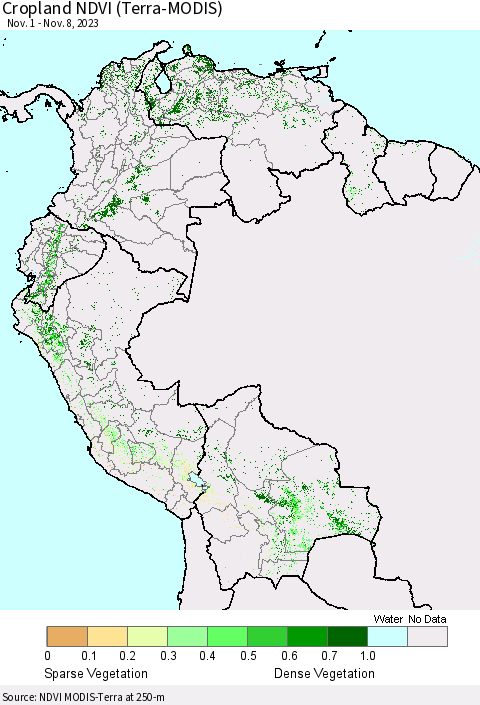 Northern South America Cropland NDVI (Terra-MODIS) Thematic Map For 11/1/2023 - 11/8/2023