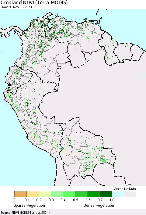 Northern South America Cropland NDVI (Terra-MODIS) Thematic Map For 11/9/2023 - 11/16/2023