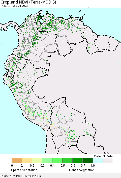 Northern South America Cropland NDVI (Terra-MODIS) Thematic Map For 11/17/2023 - 11/24/2023