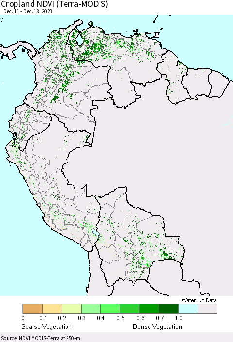 Northern South America Cropland NDVI (Terra-MODIS) Thematic Map For 12/11/2023 - 12/18/2023