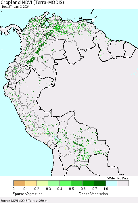 Northern South America Cropland NDVI (Terra-MODIS) Thematic Map For 12/27/2023 - 1/3/2024